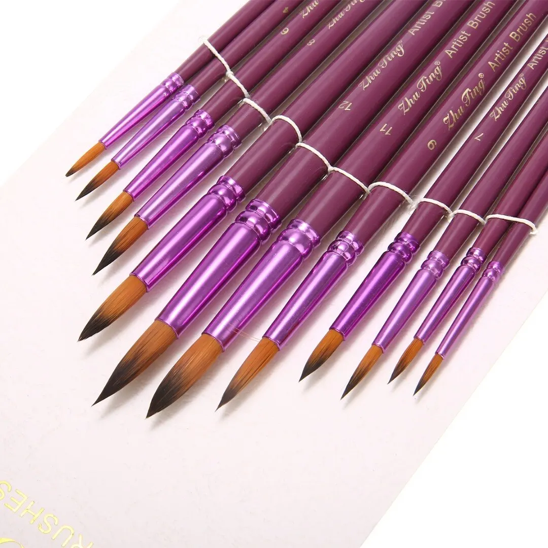 12Pcs Oil Painting Brushes Purple Painting Brush Pointed Flat/Tip Art Paintbrush Set Watercolor Nylon Hair Oil Drawing Pen