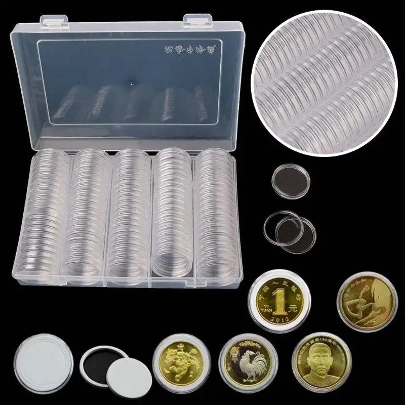 100PCS 30mm Clear Round Coin Capsules Coin Case Holders Containers Storage Boxes