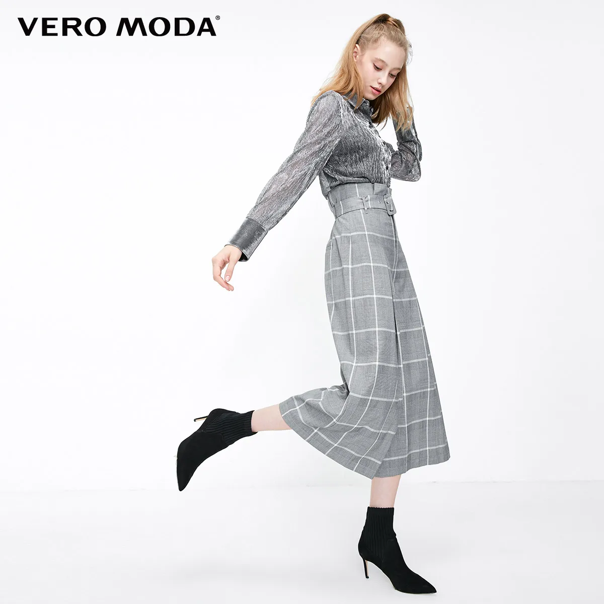Vero Moda Новое поступление Женские клетчатые плиссированные широкие повседневные брюки | 31846J505