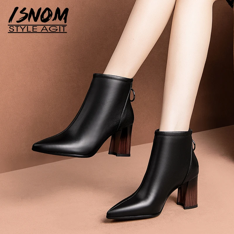ISNOM/ботильоны в полоску на высоком каблуке женские ботинки на высоком каблуке Женская обувь из коровьей кожи женская обувь с острым носком женская зимняя обувь