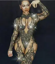 Sexy Printing Zwarte Bodysuit Vrouwen Leggings Jumpsuit Dans Stage Performance Kostuum Zangeres Perspectief Wom, Ens Broek(China)