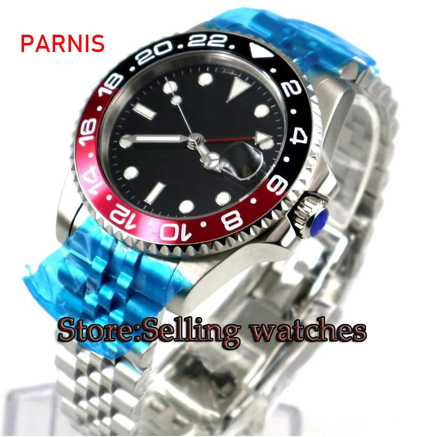 40mm PARNIS Black sterile dial & Red Bezel Sapphire Glass GMT Jubilee strap Date Steel Case Automatic Movement men's Watch | Наручные