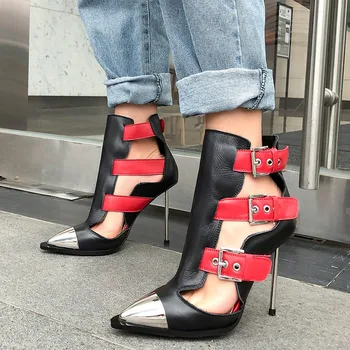 

Womens Metal Pointed Toe Ankle Boots Cut Out Belt Buckle Stilettos High Steel Heel Summer Lace Up Shoes Real Leather Plus Size