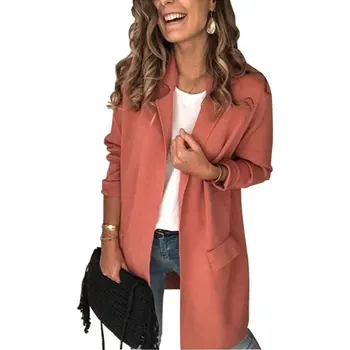 

Business Trip Solid Daily Hip Slim Casual Women Suit Coat Lapel Office Spring Autumn Fake Pocket Long Sleeve Shopping Dating