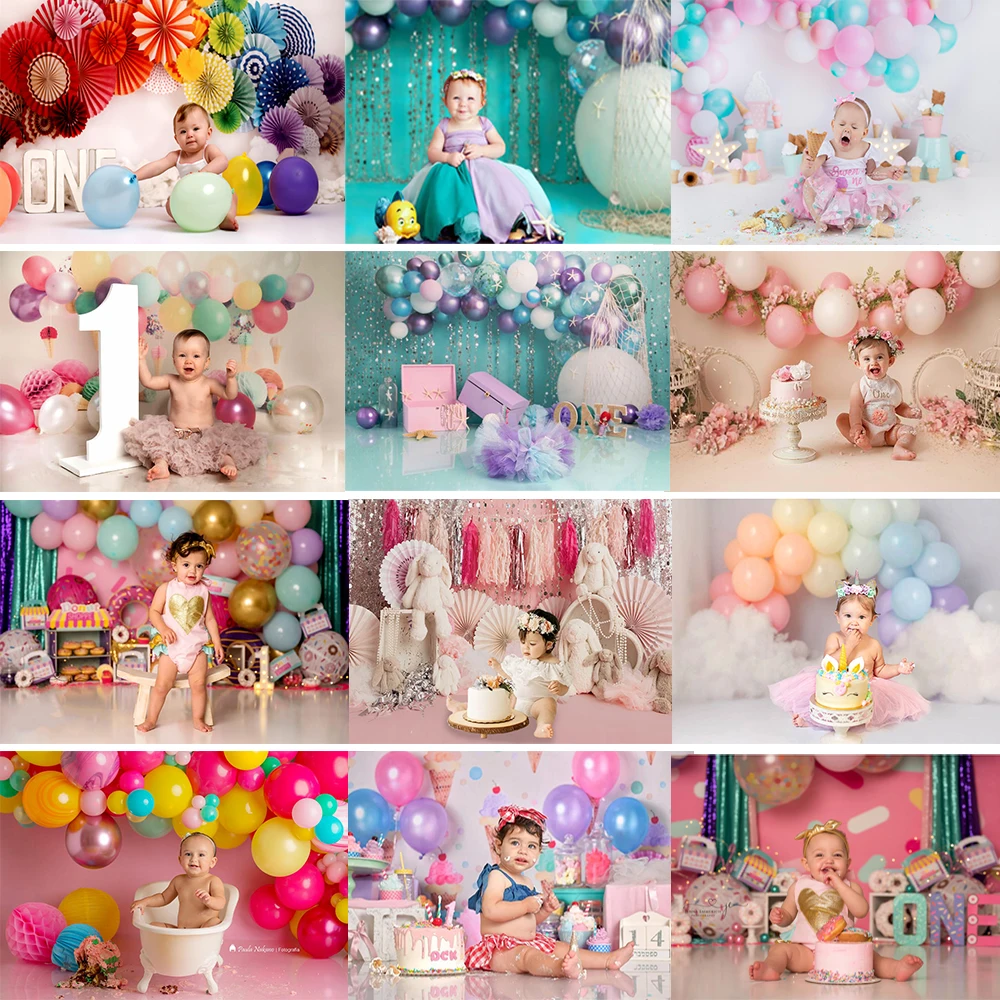 Pink Colourful Balloon Theme Backdrop Kids Cake Smash 1st Birthday Background Baby Portrait Candy Girl Flower Decor Photostudio |