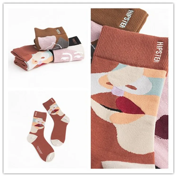 Женские носки в стиле унисекс с масляными рисунками, 100 хлопок, Harajuku, цветные женские носки средней длины, 1 пара, размер 35-43, рождественские подарки