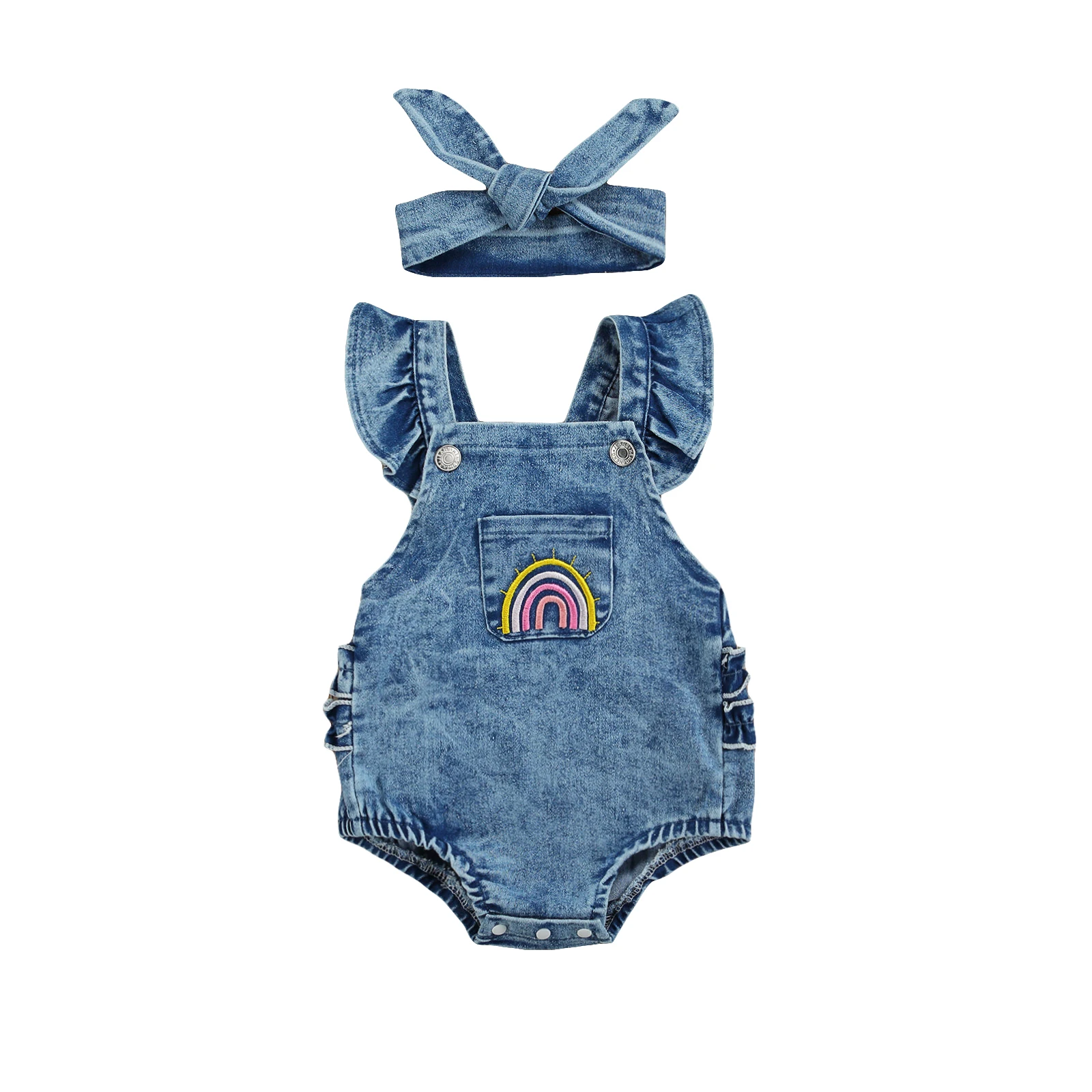 

2021-04-12 Lioraitiin 0-18M Infant Baby Girls Outfit Summer Creative Rainbow Fly Sleeve Lace Decoration Denim Romper + Headwear