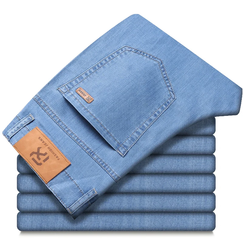 Denim Jeans Lyocell Spring Stretch Straight Mens Casual Brand Classic Business Summer