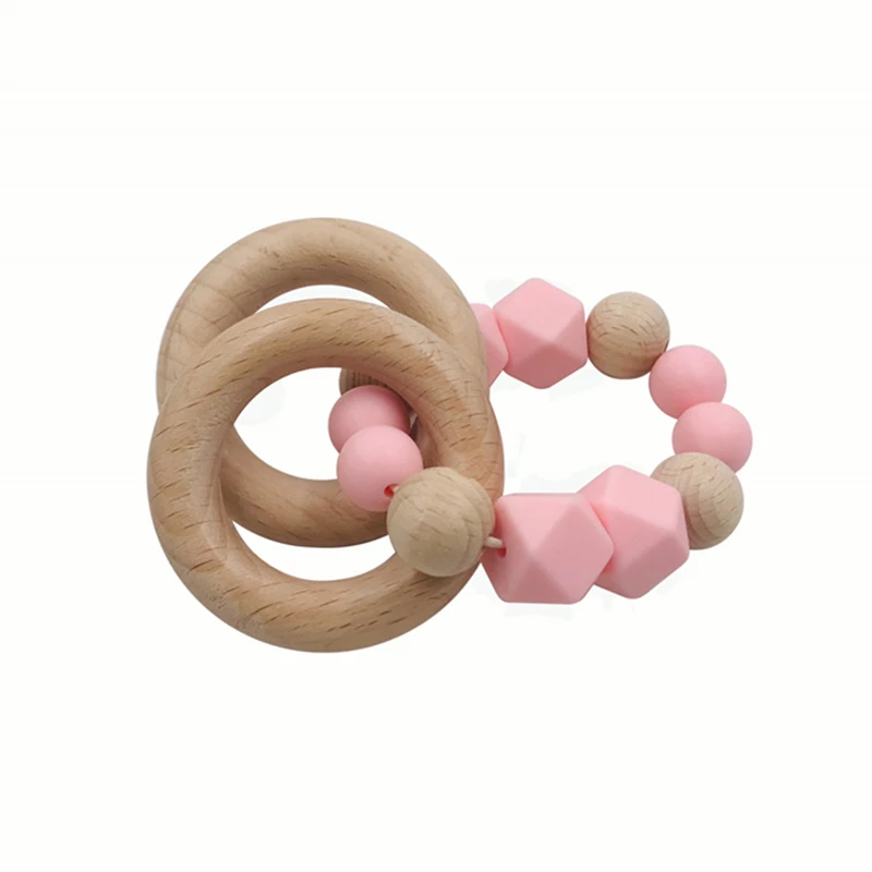 Baby Teether Bracelet Beech Wooden Ring Natural Teething Grasping Toy Silicone Bead Toddler Teether Newborn DIY Baby Gift