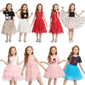 

Summer Lace Dress For Girls Floral Bow Cute Frocks Kids Star Sequins Tulle Costumes Toddler Ruffles Tassel Casual Clothes 12M-8T