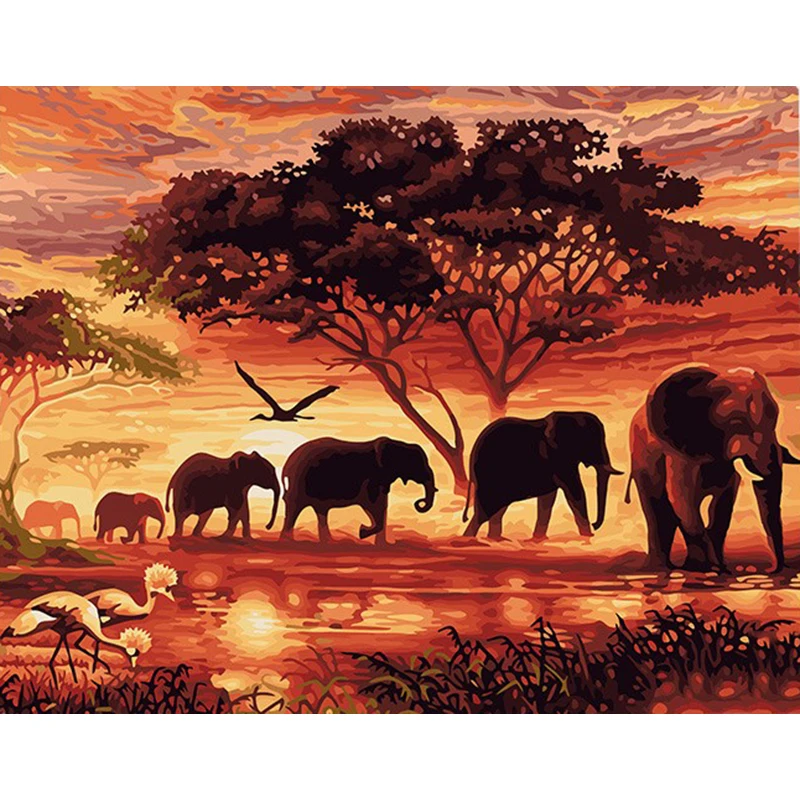 DIY Animals Sunset Elephants Painting By Numbers Modern Wall Art Hand Painted Acrylic Picture For Home Decor 40x50cm | Дом и сад