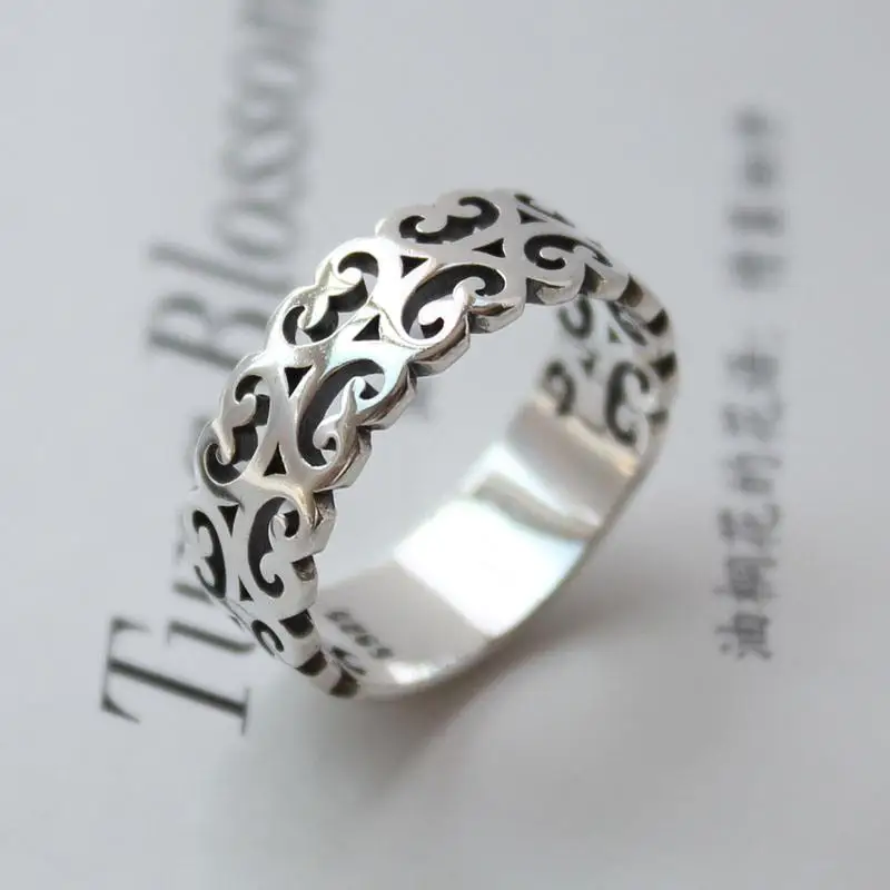 925 Sterling Silver Thai Ruyi Pattern Fashion Retro Distressed Hollow Ring Men and Women Simple Index Finger | Украшения и