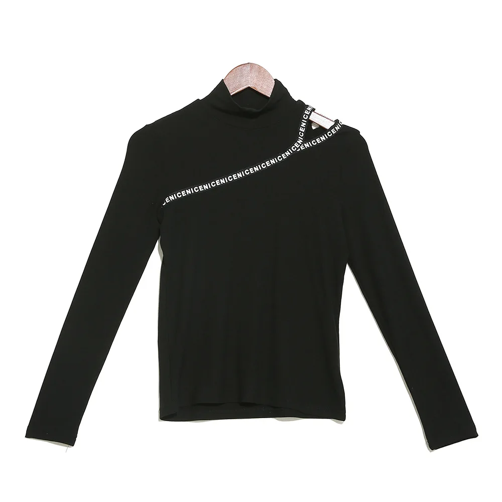 Новинка, корейский стиль, женский зимний черный пуловер, толстовка с открытым плечом, простая повседневная толстовка, джемпер J207