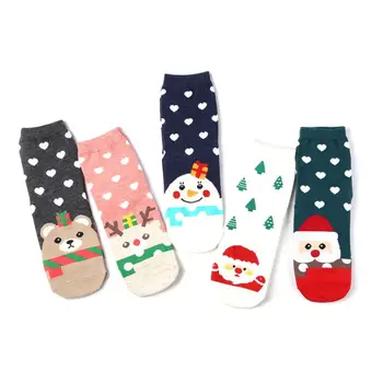 

5 Pairs Christmas Women Cute Cartoon Santa Snowman Print Crew Sock New Year Gift NEW