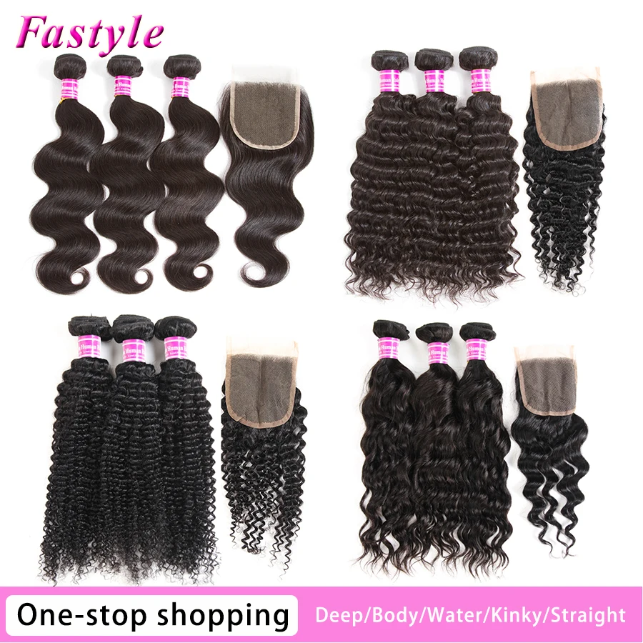Straight-Bundles Kinky Curly Fastyle Closure Human-Hair Water-Wave Deep Brazilian-Body