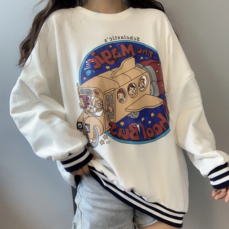 Осенняя Женская толстовка с капюшоном Babydoll Kawaii с изображением автомобиля, топы в полоску с графическим принтом, свободные топы с длинными рукавами в Корейском стиле, Белые и розовые