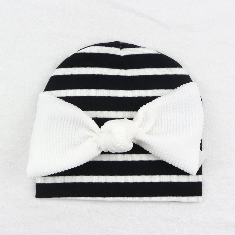 stripe black 1 Sunlikeyou/ г. Зимняя детская хлопковая шапка бини с бантиком для маленьких девочек от 6 месяцев до 3 лет - Цвет: stripe black 1