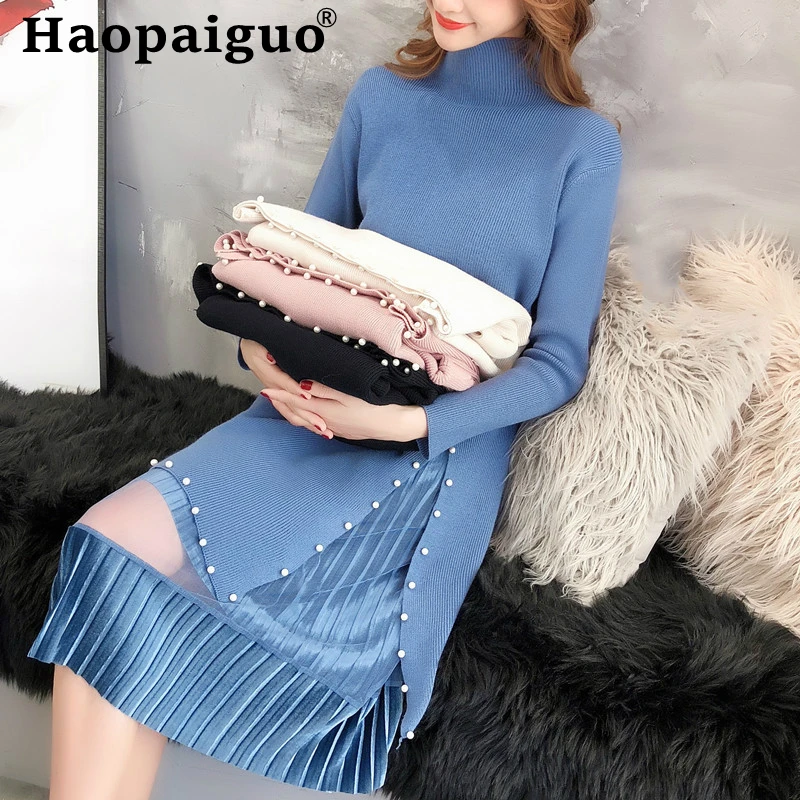 

2019 Autumn Winter Thick Warm Women Black Suit Set Solid Long Split White Knitted Blouse with Pearl and Pleated Dress Casual Set
