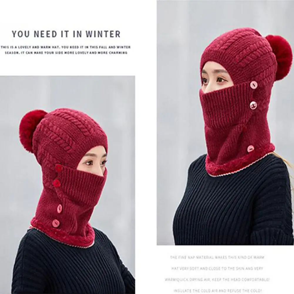 MISSKY Lady Warm One-piece Women Hat-Mask-Scarf Winter Thicken Knitting Wool Ball Riding Outdoor Beanies For Female