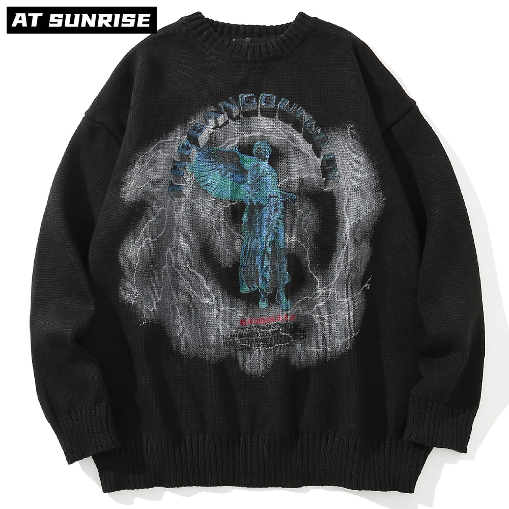 

Мужской трикотажный джемпер в стиле хип-хоп, свитеры с принтом ангела и молнии, уличная одежда в стиле Харадзюку, осенне-зимние хипстерские повседневные Пуловеры оверсайз