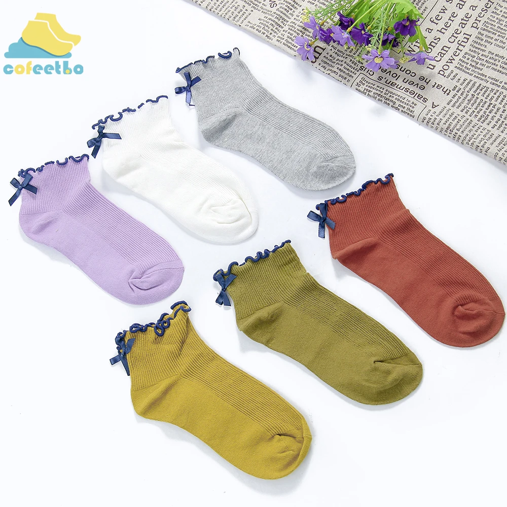 Однотонные женские милые носки с бантиком, хлопковые модные носки с завязками, женские модные повседневные удобные носки