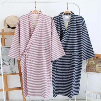 

2020 Autumn New Stripe Robe Lady Cotton Kimono Bathrobe Gown V-neck Loose Sleepwear Japanese Style Nightgown Intimate Lingerie