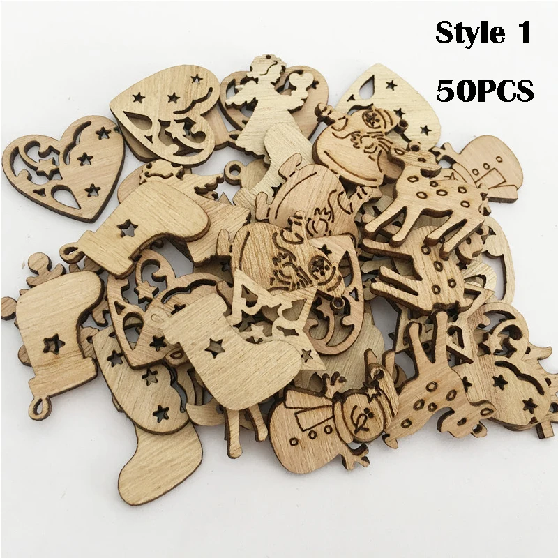 50/100Pcs Рождественская елка деревянный декор Подвески Рождественское украшение Санты для дома Санта Клаус Рождественский деревянный декор с утолщённой меховой опушкой - Цвет: Style 1 50PCs