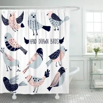 

Bird Shower Curtain, Colorful Doodle Bird Collection Cute Drawn Birds Fabric Bathroom Shower Curtain Polyester Beautiful Art