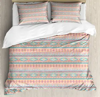 

Ethnic Duvet Cover Set Dotwork Pattern with Abstract Repetitive Tribal 3 Piece Bedding Set Peach Multicolor