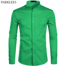Mens Banded Collar Green Dress Shirts 2019 Brand New Slim Fit Long Sleeve Shirt Men Casual Button Down Shirt with Pocket S 2XL