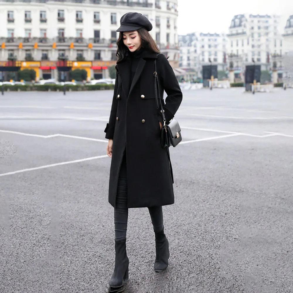Черное длинное шерстяное Женское пальто осень зима офисное женское винтажное пальто шикарное женское Шерстяное элегантное минималистичное элегантное