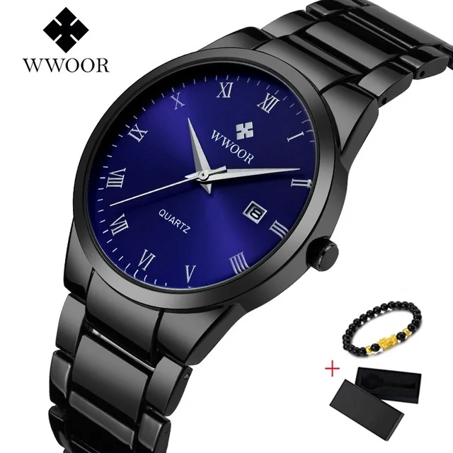 Blue WWOOR кварцевые день дата часы для мужчин s Нержавеющая сталь наручные часы Цвет: черный, синий мужские часы водонепроница - Цвет: Blue