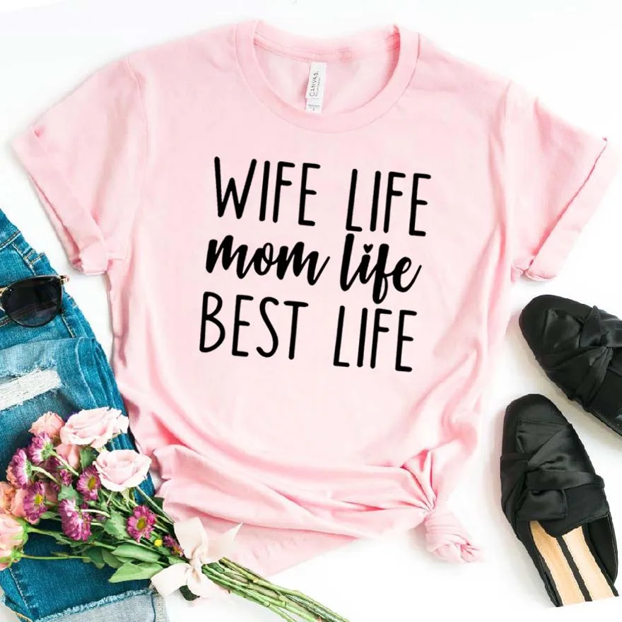 Розовый Женская футболка с надписью «Wife Life Mom Life», хлопковая забавная футболка в стиле хипстера, подарок, женская футболка Yong girl, Прямая поставка, ZY-424 - Цвет: Розовый