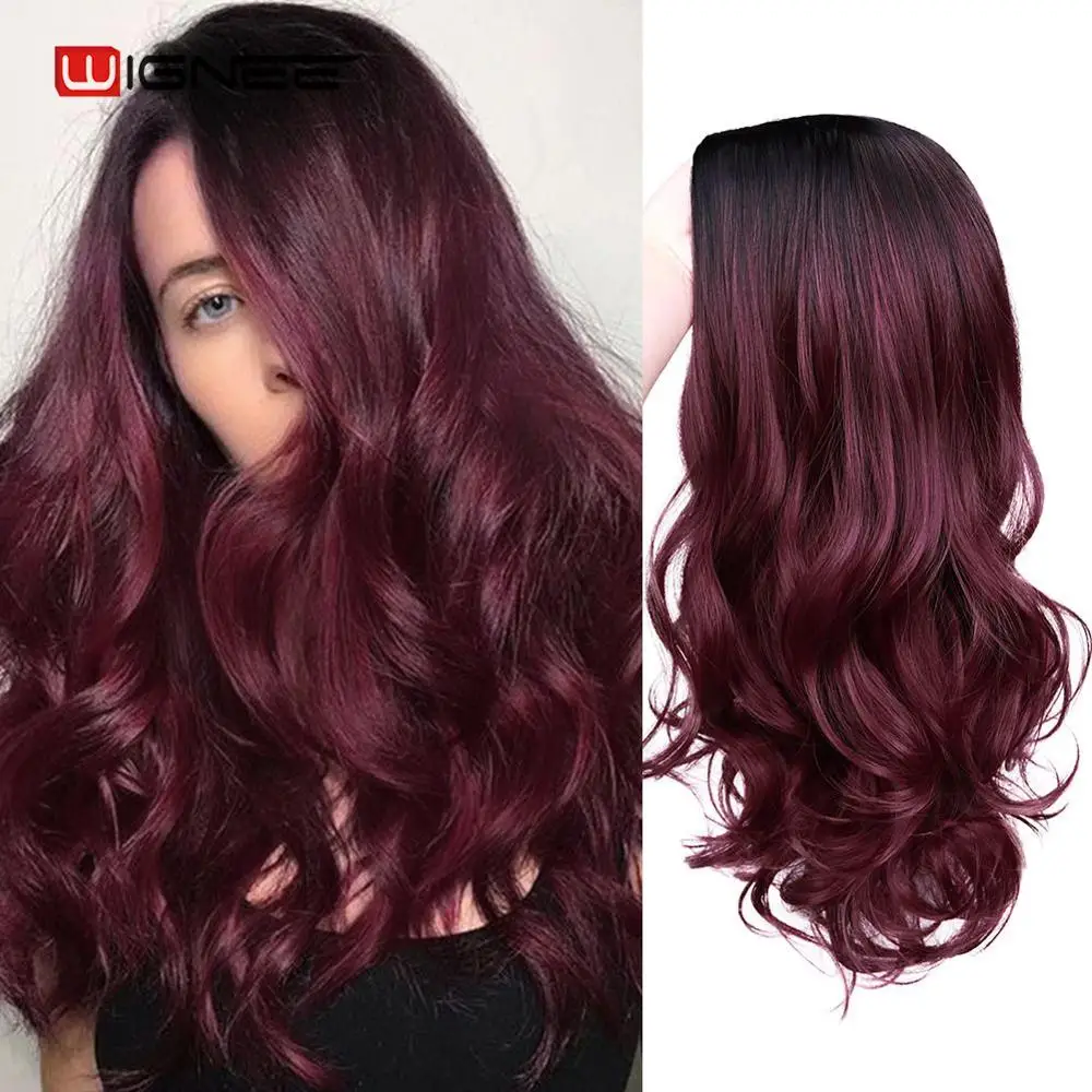 

Wignee 2 Tone Ombre Burgundy Middle Part Long Wavy Synthetic Wigs For Black/White Women Glueless Daily/Cosplay Fake Hair Wigs