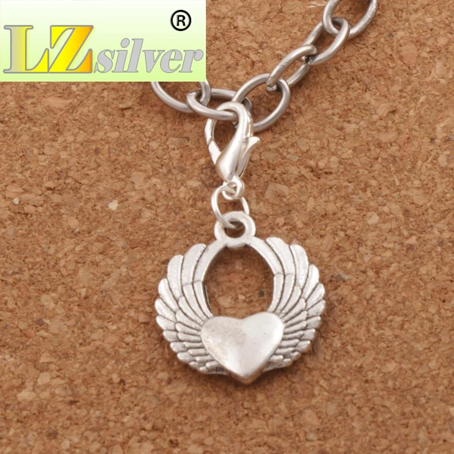 Flying Angel Wing Heart Lobster Claw Clasp Charm Beads 35.6x19.3mm 100pcs Zinc Alloy Jewelry DIY C217
