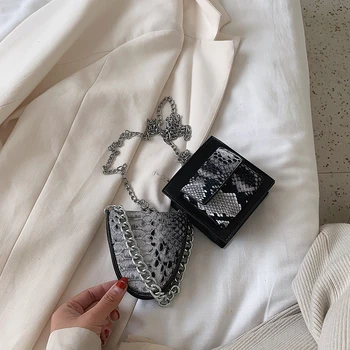 

FANTASY 2020 New Special Design Snakeskin Pattern Two Small PU Bags For Women Silver Chain Sexy Cool Punk Fashion Crossbody Bags