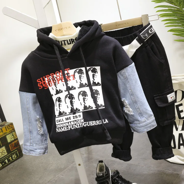 Зимний комплект одежды для маленьких мальчиков, спортивный костюм модная детская толстовка с капюшоном толстый свитер костюм с плотными штанами детский спортивный костюм