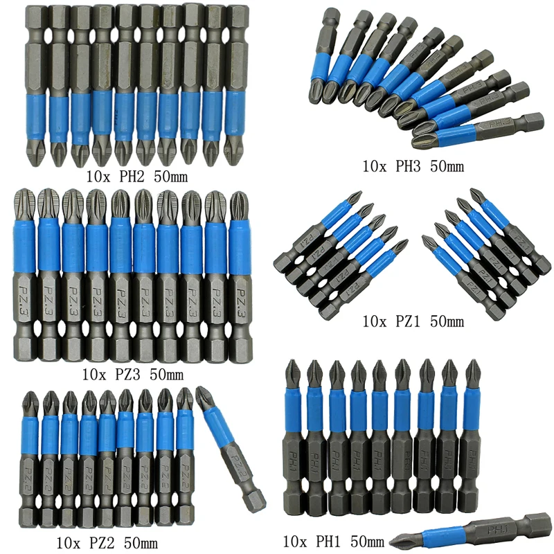 

10Pc Non-Slip Batch Head PH2 Cross Screwdriver Set Magnetic Batch Head 50mm PH1 PH 2 PH3 PZ1 PZ2 PZ3 Electric 1/4 Inch Hex Shank