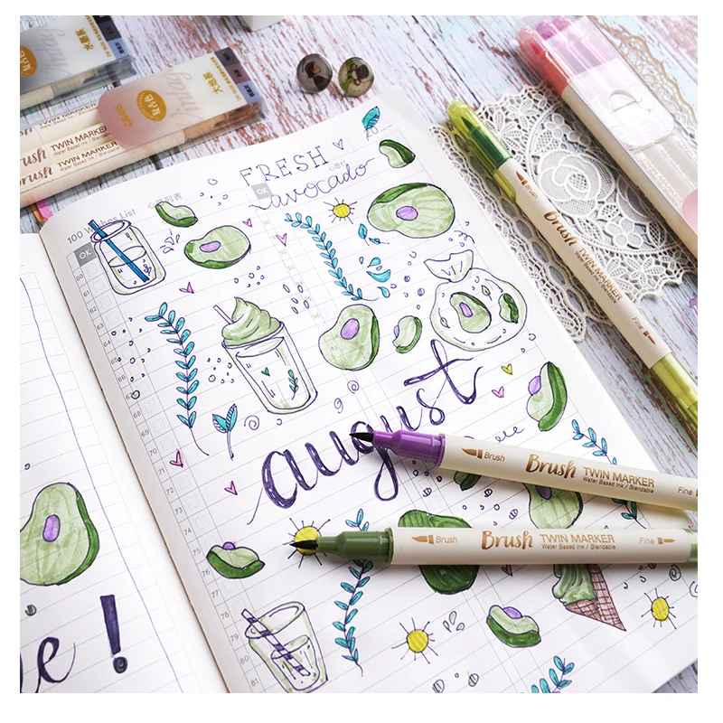 Marker Pens 3pcs Retro Color Brush Dual Side Fine Liner Water Based Ink Blendable Watercolor Art Paint Drawing F133