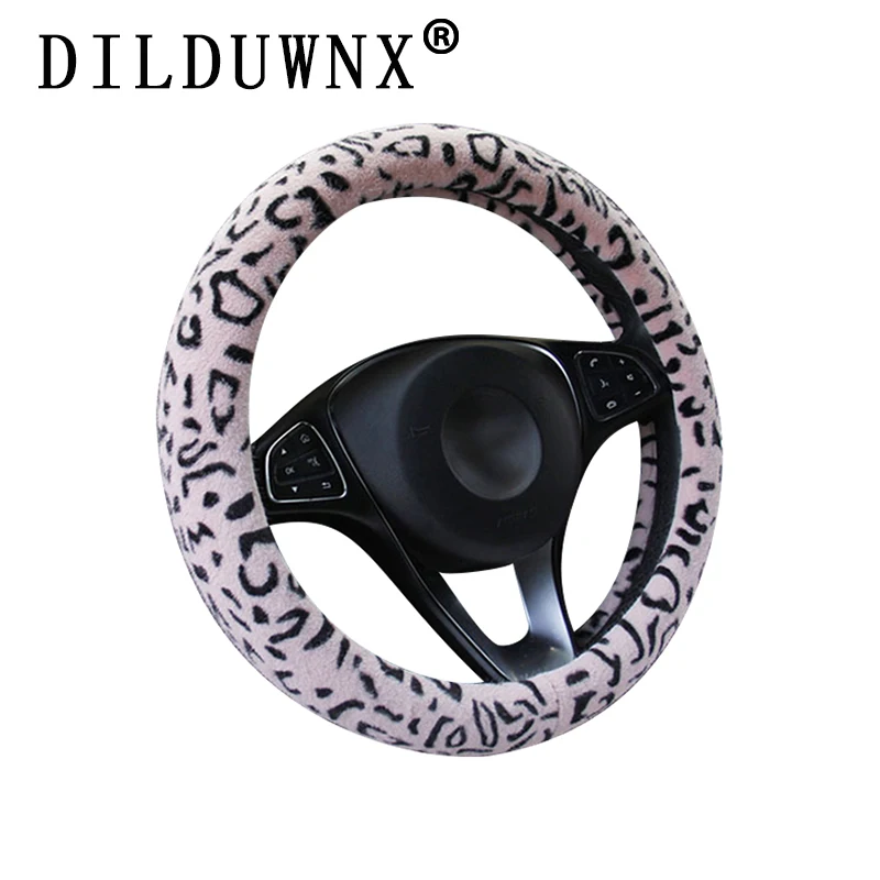 

DILDUWNX 37-38CM Printed Plush Car Steering Wheel Cover Leopard Print Rabbit Velvet Cover Universal Car Handle Cover