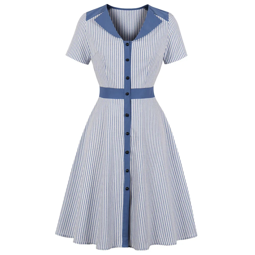 

Joineles 3 Colors Stripe Color Block Women Summer Retro Dress Turn Down Collar Short Sleeves Vintage Dress Party Vestidos Tunics