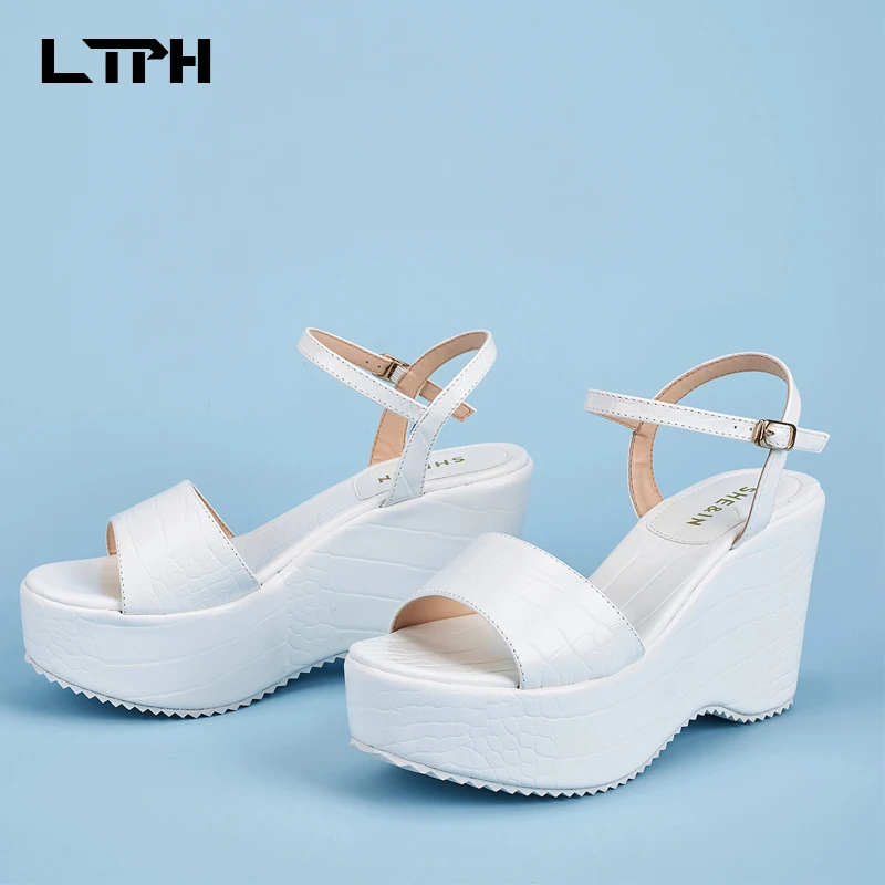 

LPTH 2020 summer new arrival solid color round head Wedges heel women sandals word Button fashion Increase thick bottom PU shoes