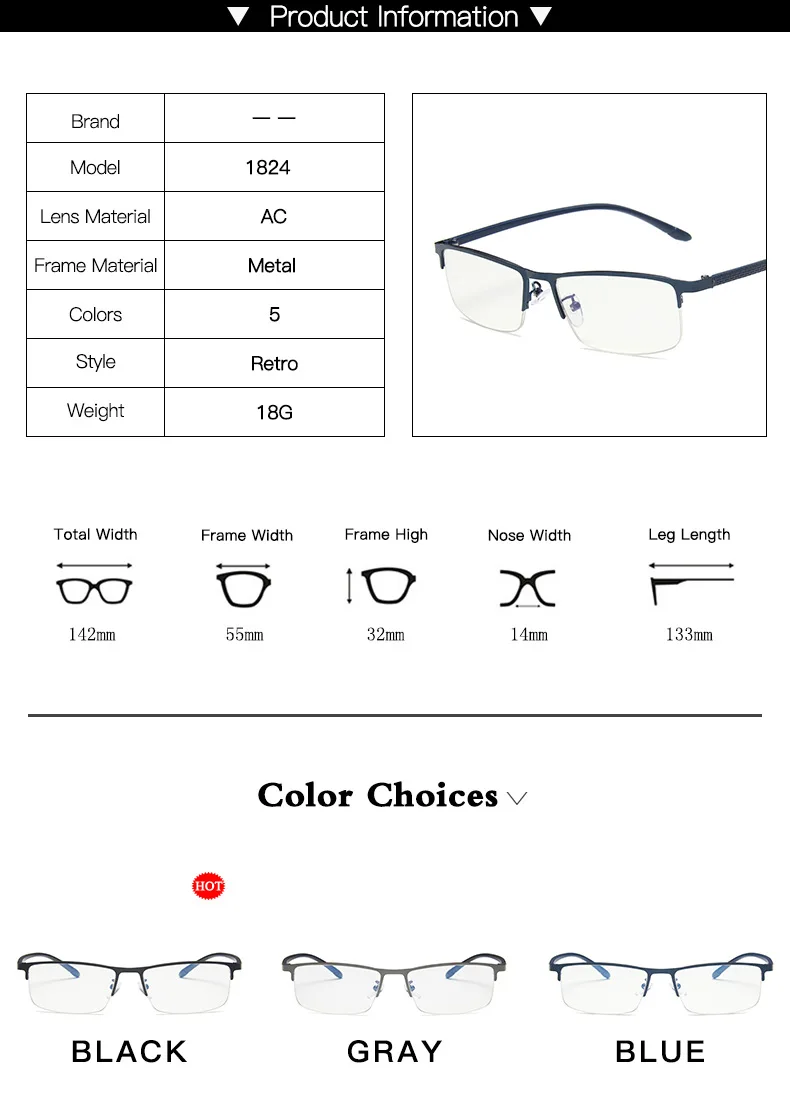 Hotochki Unisex Semi Rim Rectangle Alloy Eyeglasses 18249 Image 1