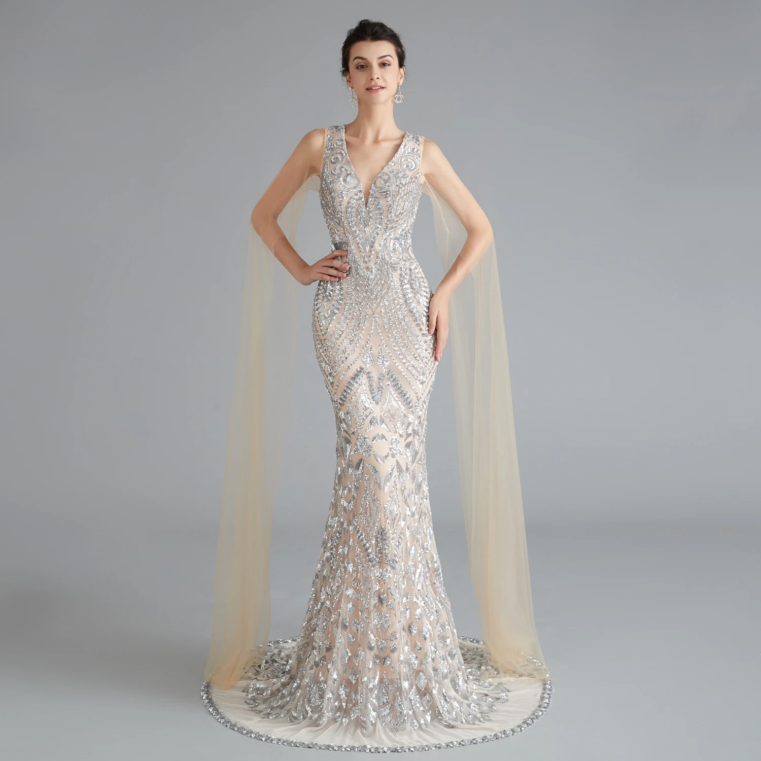

Vivian's Bridal Boho Sexy Illusion Back Mermaid Evening Dress Sexy Deep V-neck Sequin Lace Appliques Cap Sleeve Formal Dress