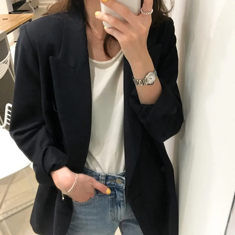 

2019 Spring And Autumn Korean-style CHIC Black And White with Pattern Small Suit Mid-length Business Loose-Fit Casual Suit Jacke