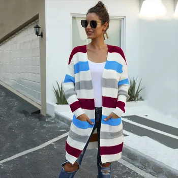 

Fadzeco Knitted Cardigan Stripes Patchwork Long Sleeve Sweater Coat