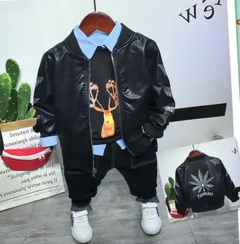 

Autumn Boy Clothing Set boys Faux leather coat+T-shirts+shirts+jeans 4pcs kids clothes set Toddler boys Sport Suits 2-6Years
