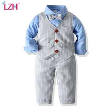 

LZH 2020 Autumn Winter Children Boys Clothes Long-Sleeved Shirt Vest Striped Trousers Gentleman Bow Tie Kids Boys Birthday Suit