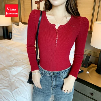 

Slim Bottoming Knitwear Women Tops Sexy U-neck Single-breasted Button Tight Jumper Woman Clothing Winter Work Ladies Sweaters