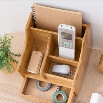 

Multifunctional Storage Box Bamboo Desktop Organizer Remote Control Cosmetics Sundries Storage with Drawer Stationery Storage Ra